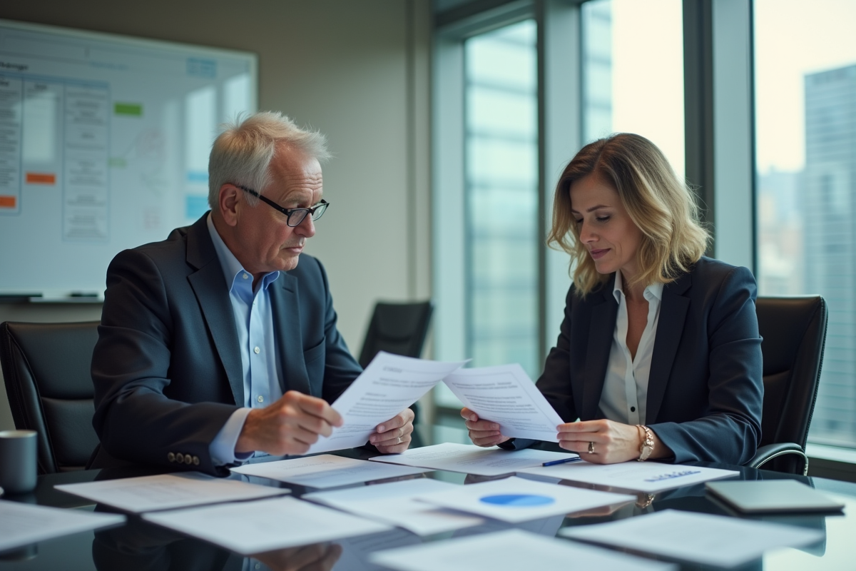Deux collègues discutent documents dans salle de réunion