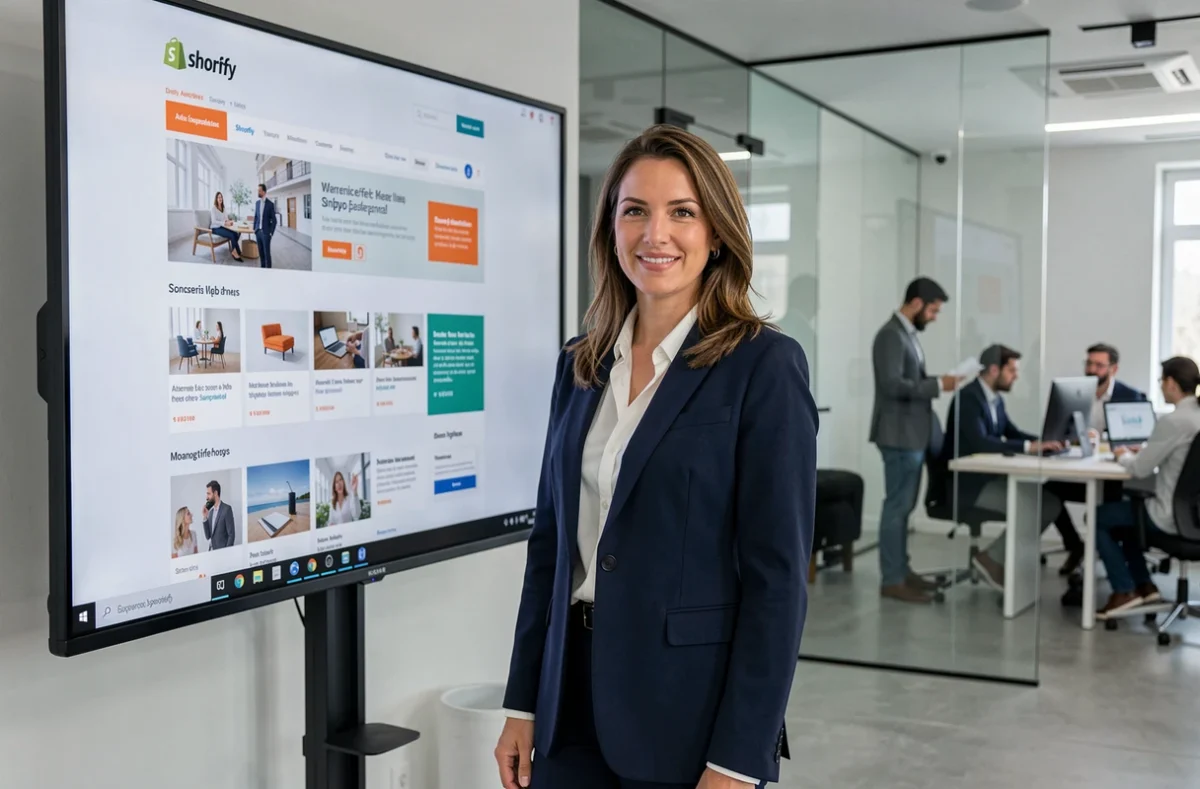 Responsable de l'agence RGDesign à Marseille présentant un projet web et Shopify lors d'une réunion client