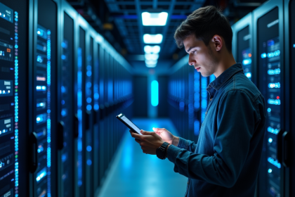 Salle serveurs moderne avec professionnel IT utilisant une tablette