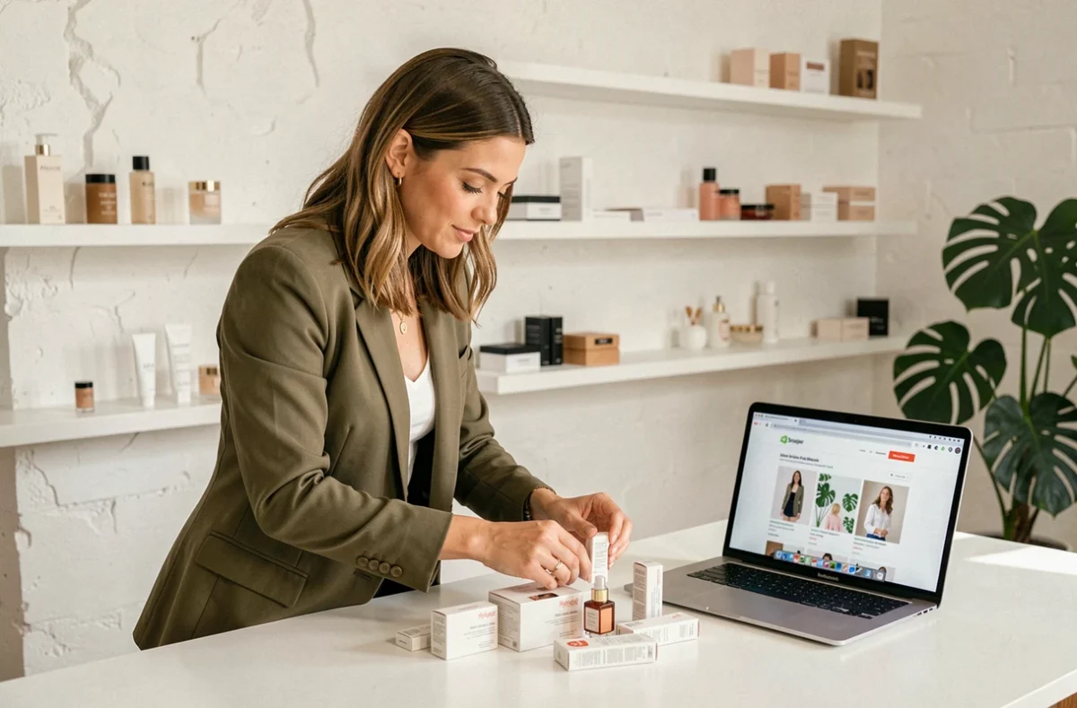 Consultante e-commerce de SERUM AND CO à Marseille configurant une boutique Shopify pour des produits cosmétiques