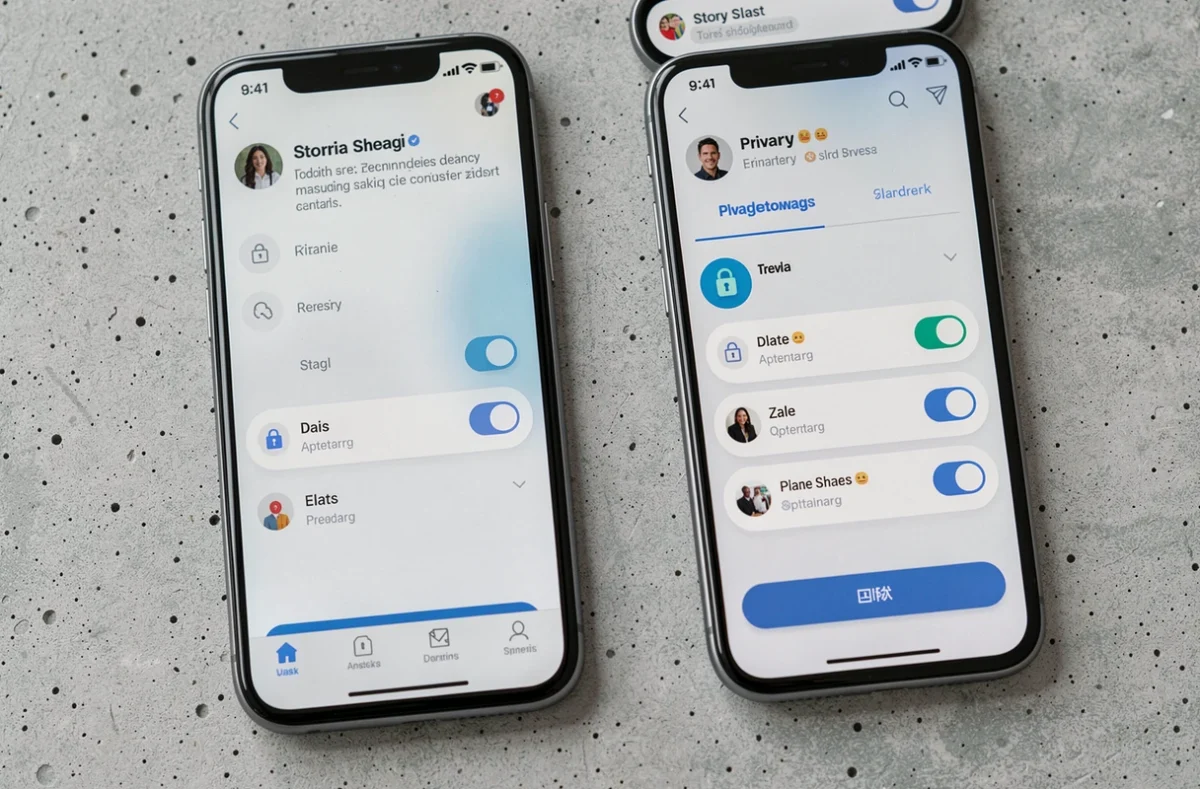 Deux smartphones affichant une interface de confidentialité pour les stories privées sur fond de béton gris