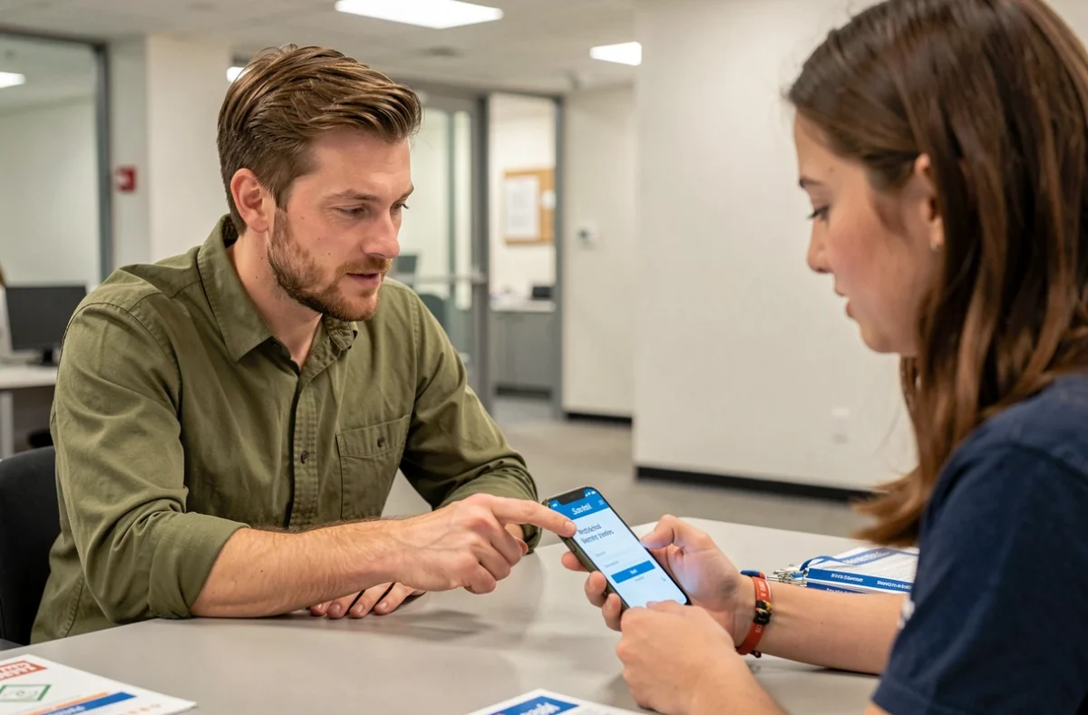 Agent du service informatique de l'Université de Nantes aidant un étudiant à accéder au webmail sur smartphone