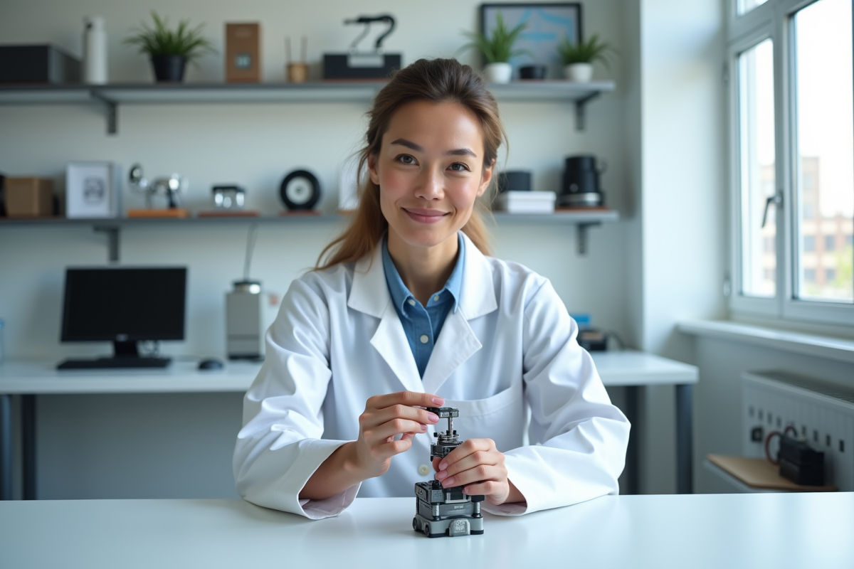 Technicienne en laboratoire assemble un bras robotique